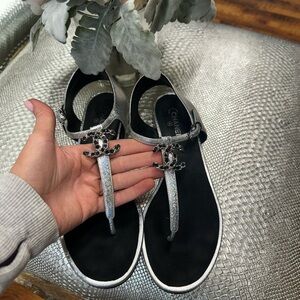 Beautiful silver sparkly leather with slight heel, and CC